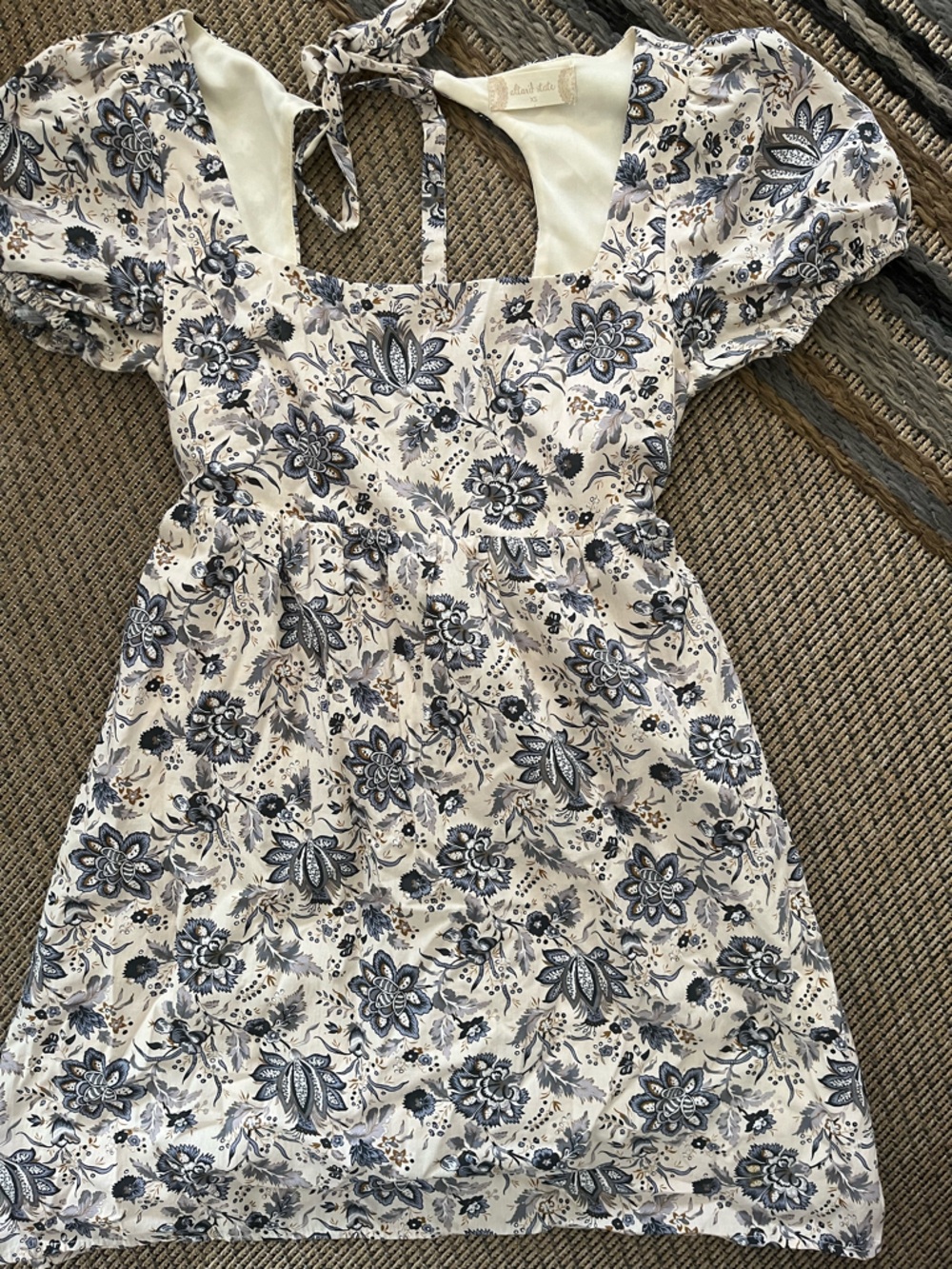 Altar'd State Cream Floral Mini Dress with Blue and Gray Print
